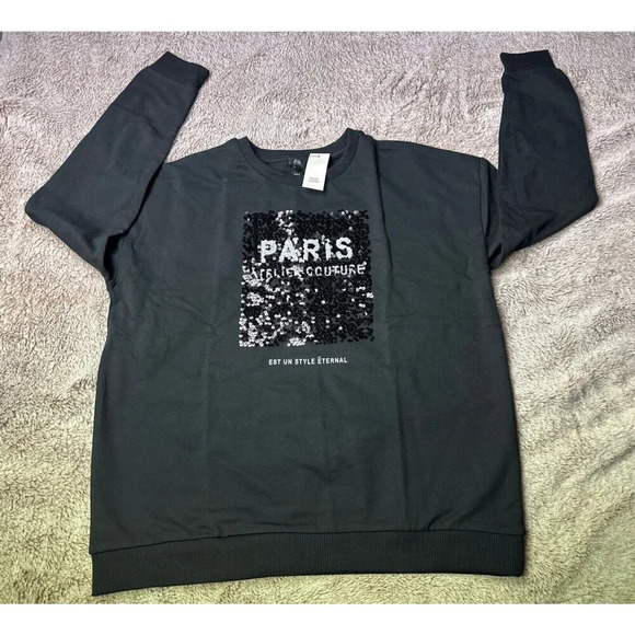 River island Sweatshirt black With Sequins Paris-themed Size S New - Picture 6 of 15